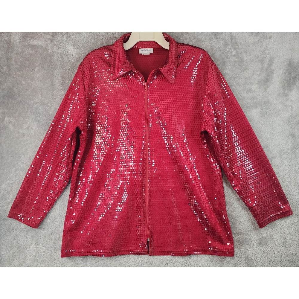 ReBeKah USA Jacket Womens Red Sequin Zip Up Collared Long Sleeve Made in USA